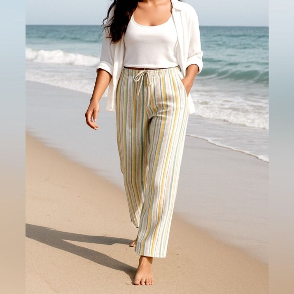 Coldwater Creek 100% Linen Striped Drawstring Summer Pants Sz 20W Coastal Style